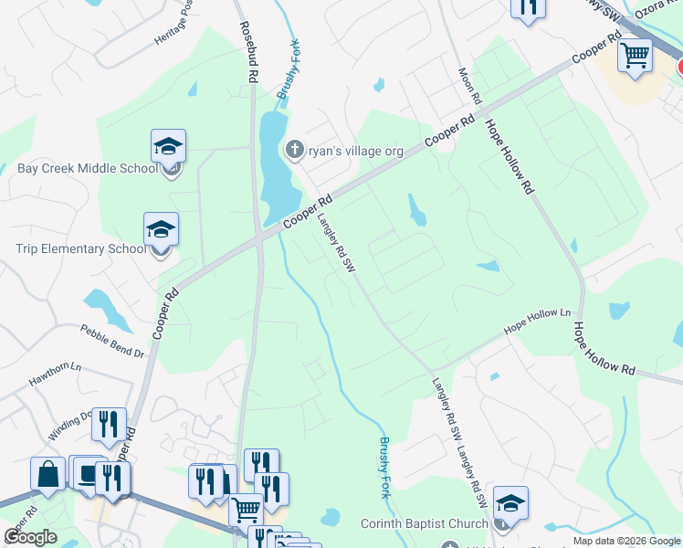 map of restaurants, bars, coffee shops, grocery stores, and more near 2818 Rolling Downs Way Southwest in Loganville
