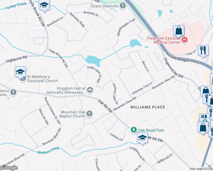 map of restaurants, bars, coffee shops, grocery stores, and more near 2610 Stokesley Way in Snellville