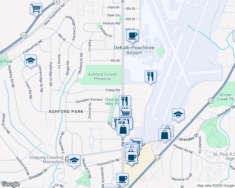 map of restaurants, bars, coffee shops, grocery stores, and more near 1917 Harrison Park Drive in Atlanta