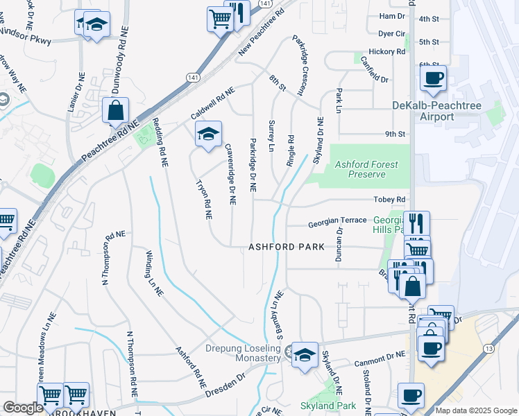 map of restaurants, bars, coffee shops, grocery stores, and more near 2871 Parkridge Drive Northeast in Atlanta