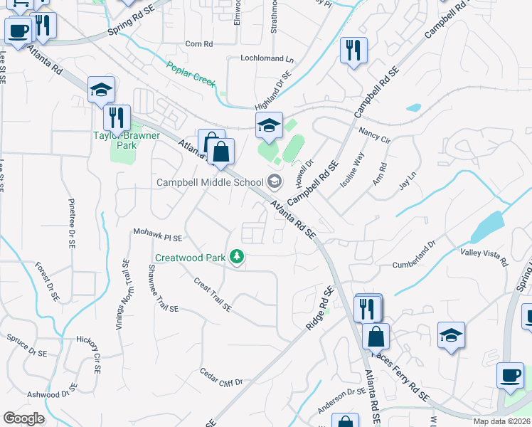 map of restaurants, bars, coffee shops, grocery stores, and more near 100 Ryan Way in Smyrna