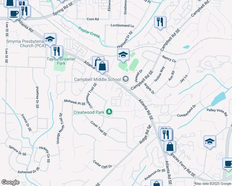 map of restaurants, bars, coffee shops, grocery stores, and more near 3463 Vintage Circle Southeast in Smyrna