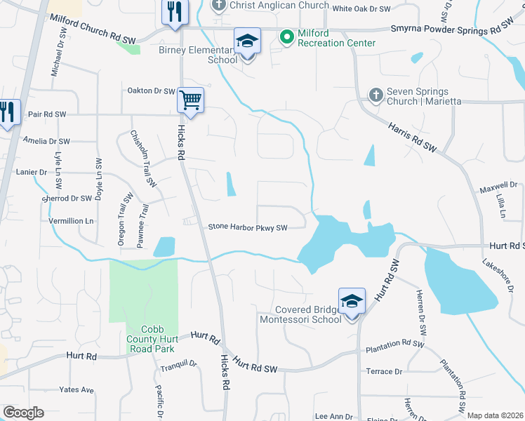 map of restaurants, bars, coffee shops, grocery stores, and more near 3332 Mill Stream Lane Southwest in Marietta