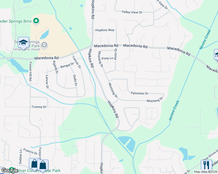 map of restaurants, bars, coffee shops, grocery stores, and more near 3451 Mustang Drive in Powder Springs