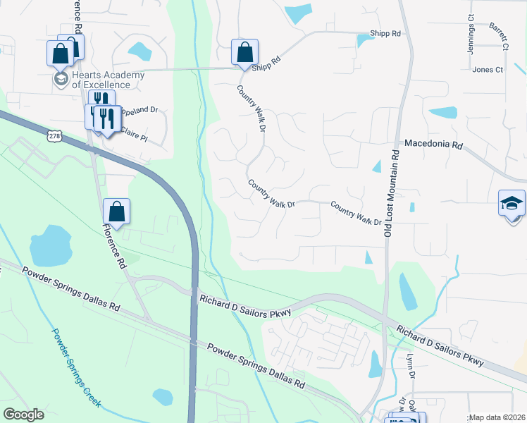 map of restaurants, bars, coffee shops, grocery stores, and more near 3354 Hickory Lane in Powder Springs