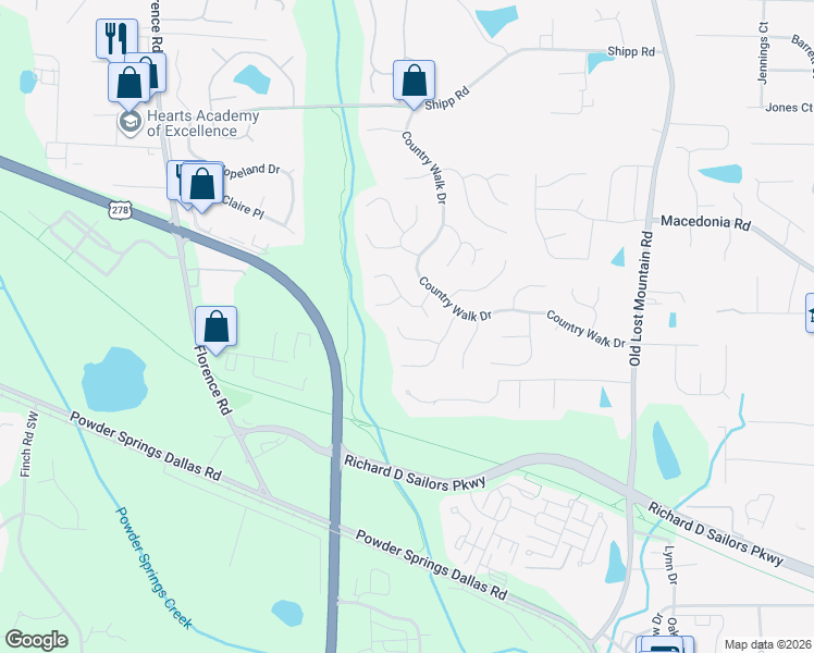 map of restaurants, bars, coffee shops, grocery stores, and more near 4810 Hillside Court in Powder Springs