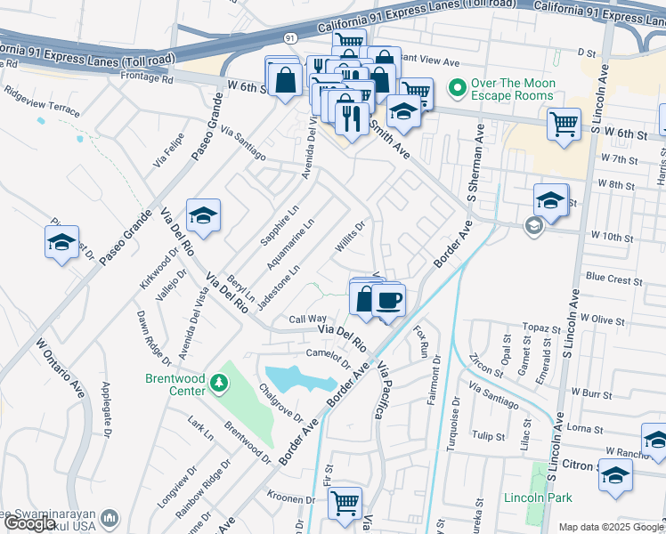map of restaurants, bars, coffee shops, grocery stores, and more near 1478 Dyer Way in Corona