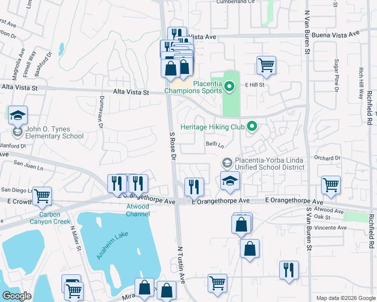 map of restaurants, bars, coffee shops, grocery stores, and more near 1217 CAMPANIS Lane in Placentia