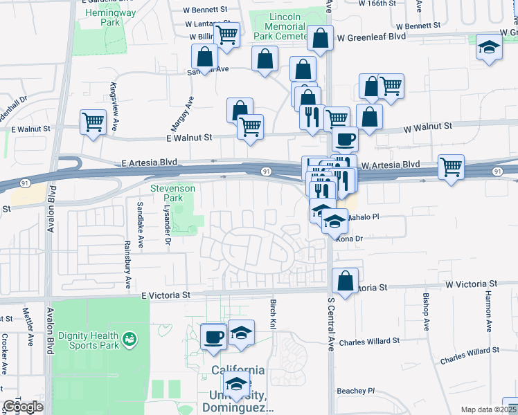 map of restaurants, bars, coffee shops, grocery stores, and more near 17518 Wellfleet Avenue in Carson