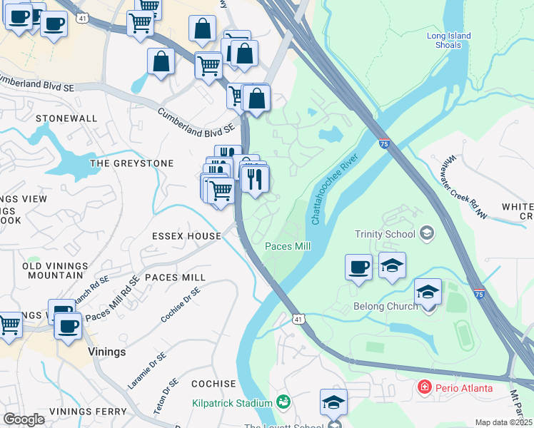 map of restaurants, bars, coffee shops, grocery stores, and more near 4555 River Parkway in Atlanta