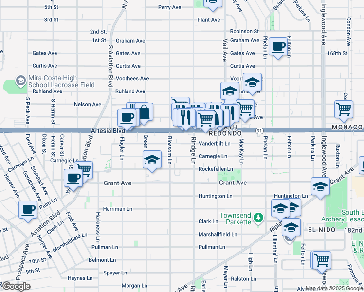 map of restaurants, bars, coffee shops, grocery stores, and more near 2110 Vanderbilt Lane in Redondo Beach