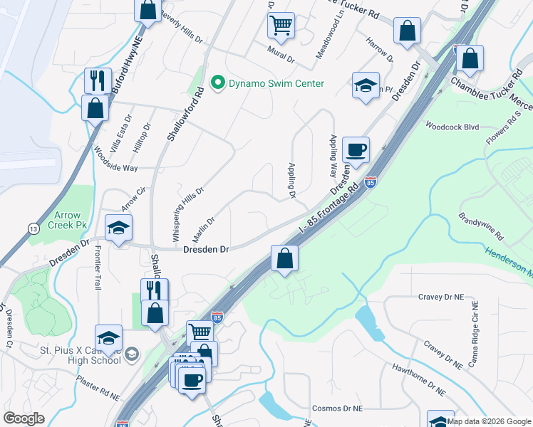 map of restaurants, bars, coffee shops, grocery stores, and more near 2863 Dresden Square Drive in Atlanta