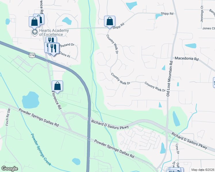 map of restaurants, bars, coffee shops, grocery stores, and more near 4810 Hillside Court in Powder Springs