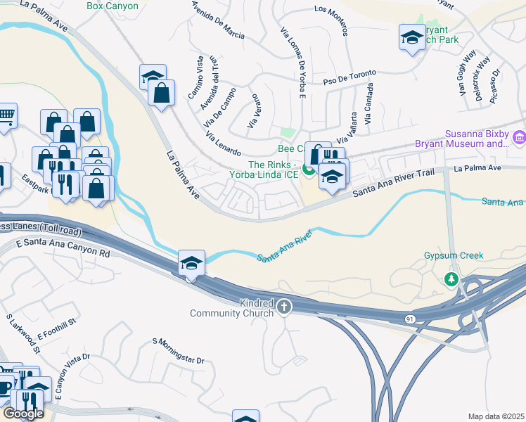 map of restaurants, bars, coffee shops, grocery stores, and more near 6237 Hartford Road in Yorba Linda