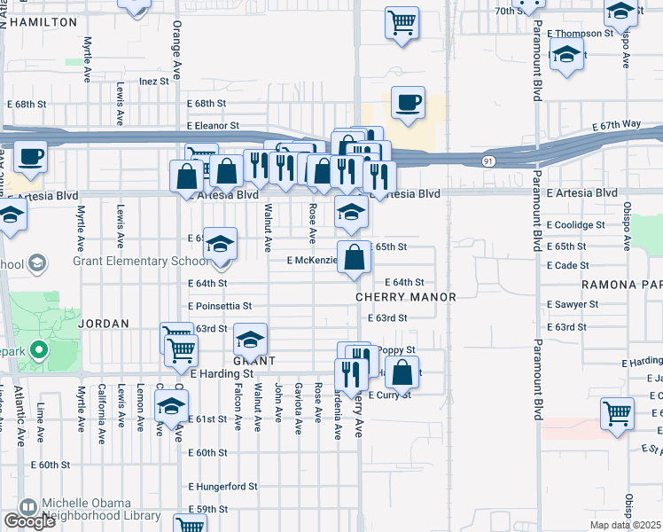 map of restaurants, bars, coffee shops, grocery stores, and more near 1838 East McKenzie Street in Long Beach