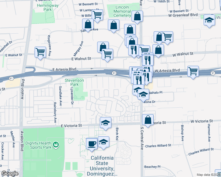 map of restaurants, bars, coffee shops, grocery stores, and more near 17518 Wellfleet Avenue in Carson
