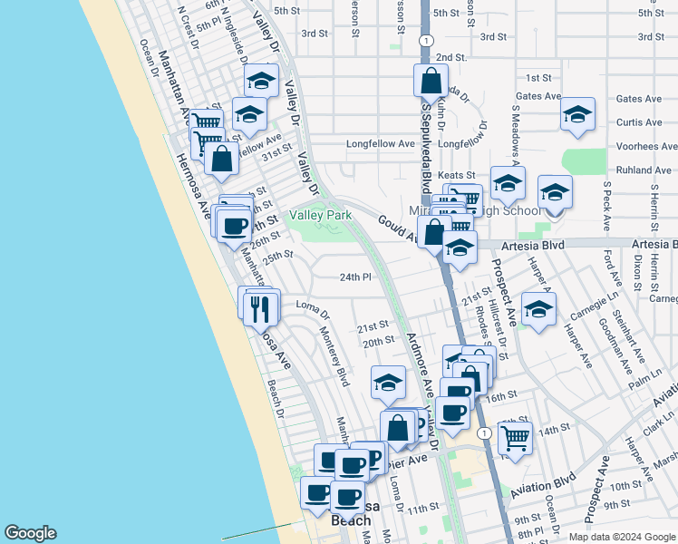 map of restaurants, bars, coffee shops, grocery stores, and more near 521 24th Place in Hermosa Beach