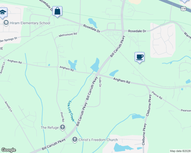 map of restaurants, bars, coffee shops, grocery stores, and more near Bill Carruth Parkway in Hiram