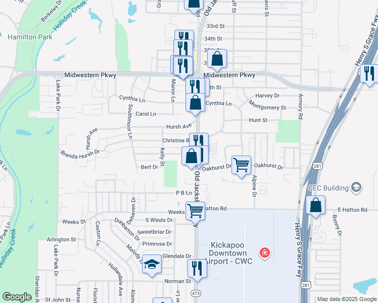 map of restaurants, bars, coffee shops, grocery stores, and more near 1509 Aldrich Ave in Wichita Falls
