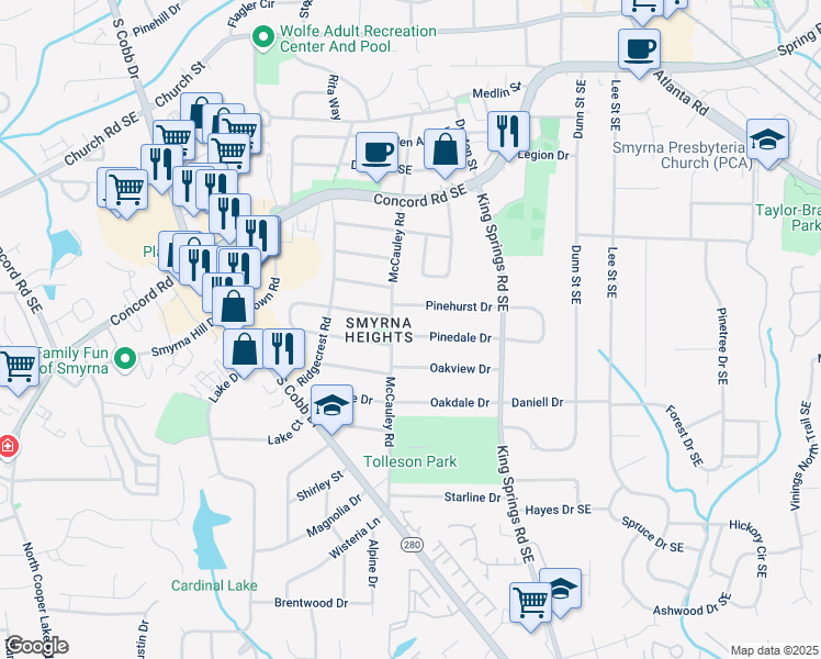 map of restaurants, bars, coffee shops, grocery stores, and more near 1079 Pinedale Drive in Smyrna