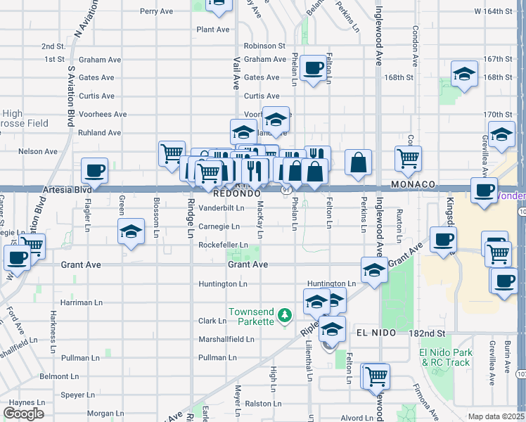 map of restaurants, bars, coffee shops, grocery stores, and more near 2400 Vanderbilt Lane in Redondo Beach