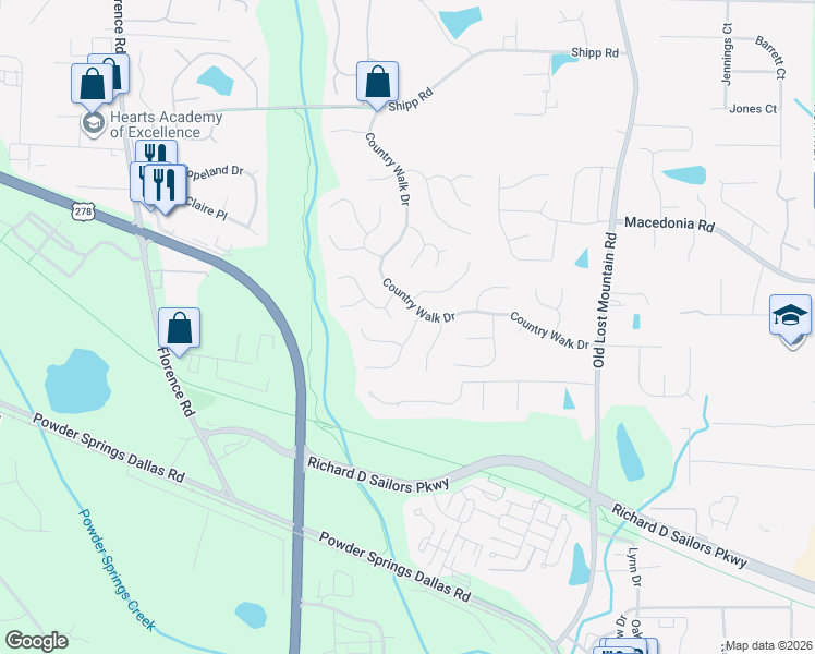 map of restaurants, bars, coffee shops, grocery stores, and more near 3354 Hickory Lane in Powder Springs