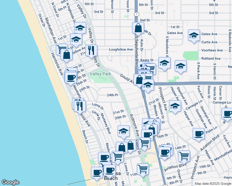 map of restaurants, bars, coffee shops, grocery stores, and more near 537 24th Place in Hermosa Beach
