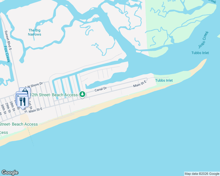 map of restaurants, bars, coffee shops, grocery stores, and more near 1409 East Main Street in Sunset Beach