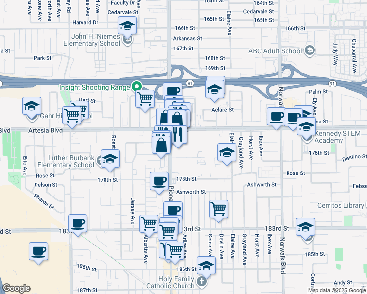 map of restaurants, bars, coffee shops, grocery stores, and more near 17510 Pioneer Boulevard in Artesia