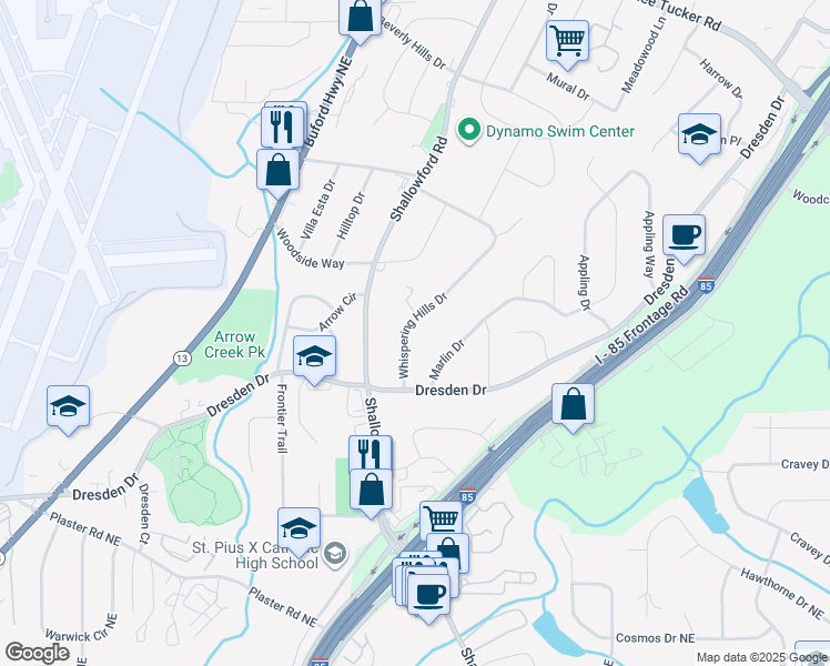map of restaurants, bars, coffee shops, grocery stores, and more near 2861 Whispering Hills Drive in Atlanta