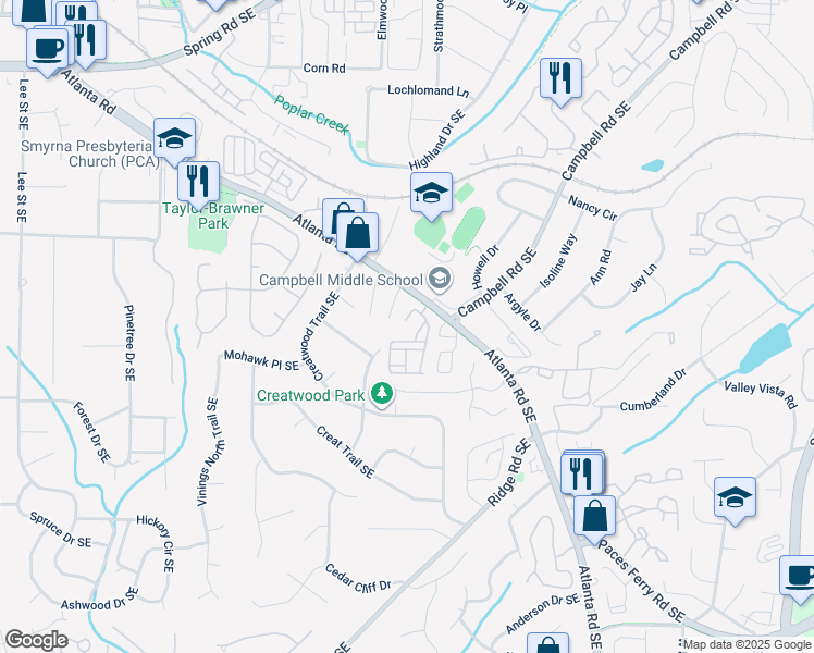 map of restaurants, bars, coffee shops, grocery stores, and more near 3463 Vintage Circle Southeast in Smyrna
