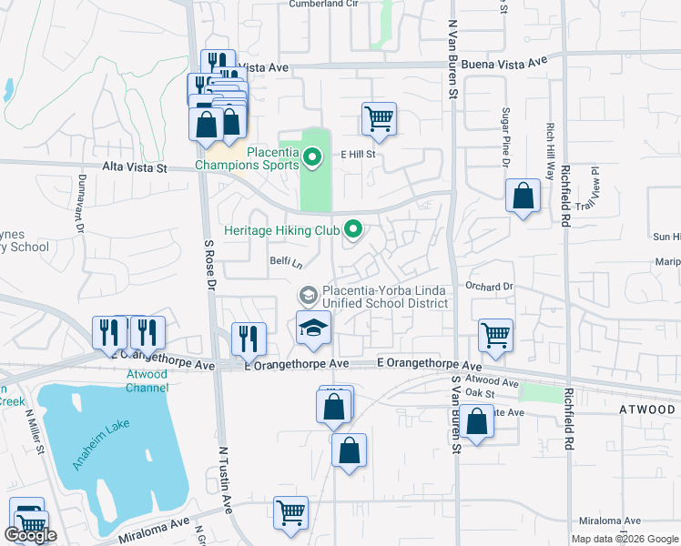map of restaurants, bars, coffee shops, grocery stores, and more near 201 North Patcha Place in Placentia