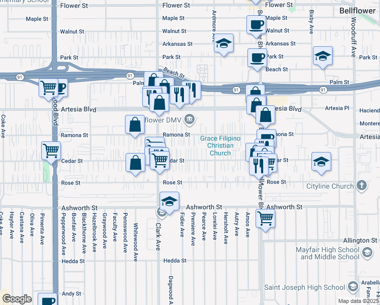 map of restaurants, bars, coffee shops, grocery stores, and more near 9525 Cedar Street in Bellflower