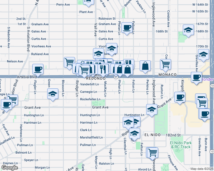 map of restaurants, bars, coffee shops, grocery stores, and more near 2400 Vanderbilt Lane in Redondo Beach