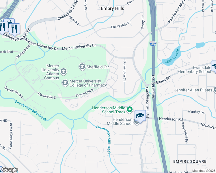 map of restaurants, bars, coffee shops, grocery stores, and more near 3311 Flowers Road South in Atlanta