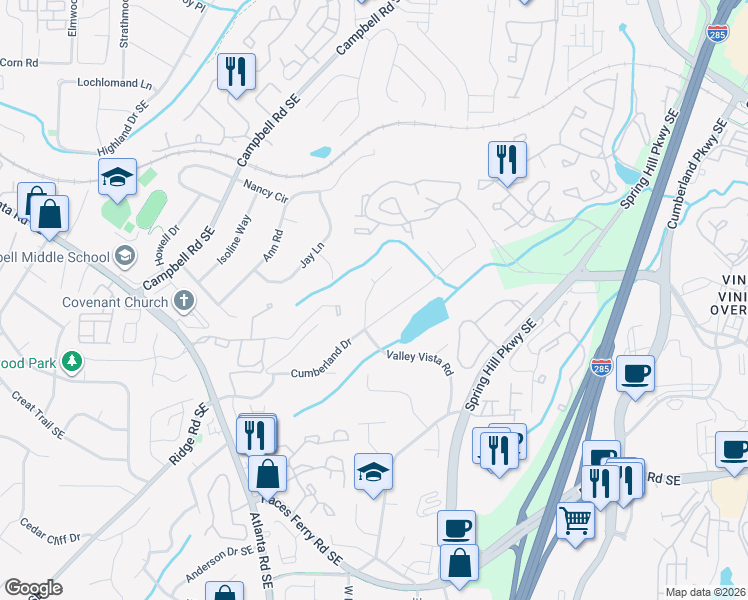 map of restaurants, bars, coffee shops, grocery stores, and more near 3363 Valley Vista Road Southeast in Smyrna