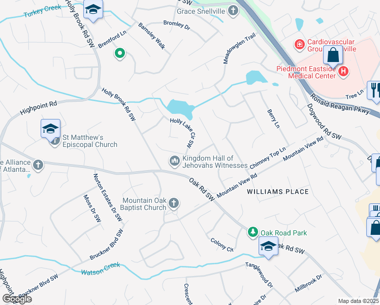 map of restaurants, bars, coffee shops, grocery stores, and more near 1642 Stonegate Way Southwest in Snellville