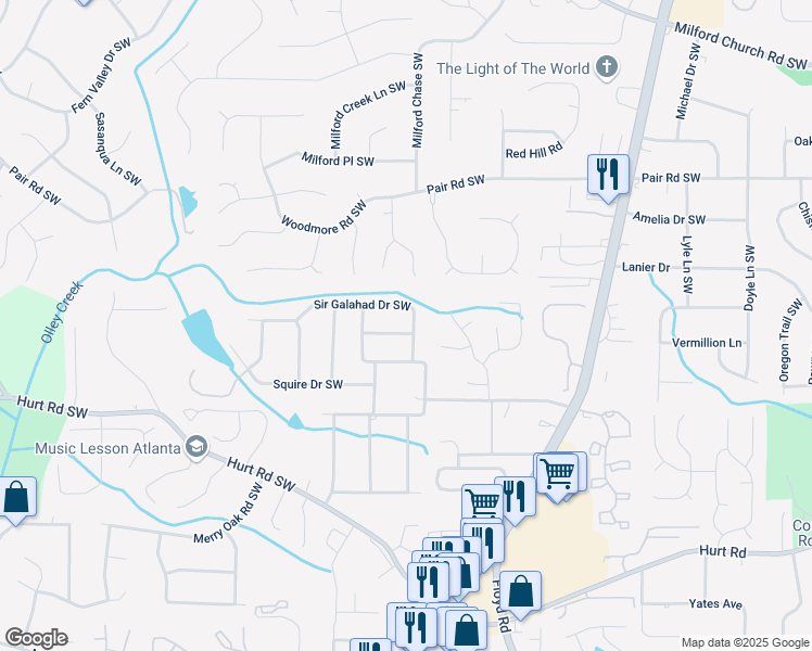 map of restaurants, bars, coffee shops, grocery stores, and more near 1539 Sir Galahad Drive Southwest in Marietta