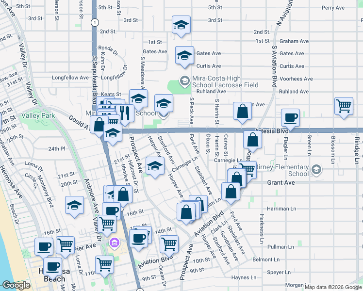 map of restaurants, bars, coffee shops, grocery stores, and more near 1739 Goodman Avenue in Redondo Beach