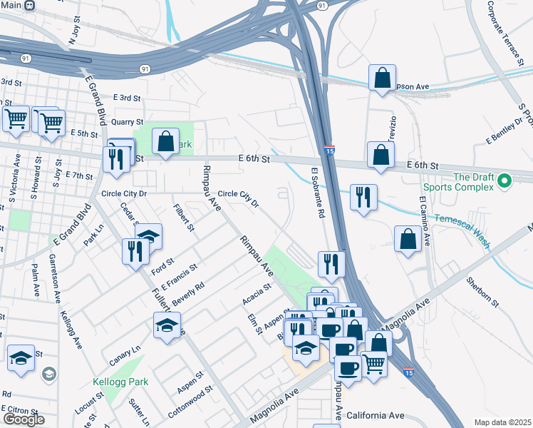 map of restaurants, bars, coffee shops, grocery stores, and more near 1301 Circle City Drive in Corona
