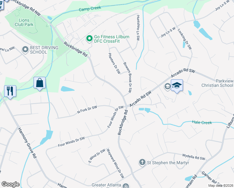 map of restaurants, bars, coffee shops, grocery stores, and more near 197 Rockbridge Road Southwest in Lilburn