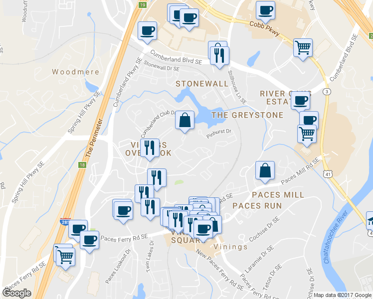 map of restaurants, bars, coffee shops, grocery stores, and more near 100 Woodridge Drive in Atlanta
