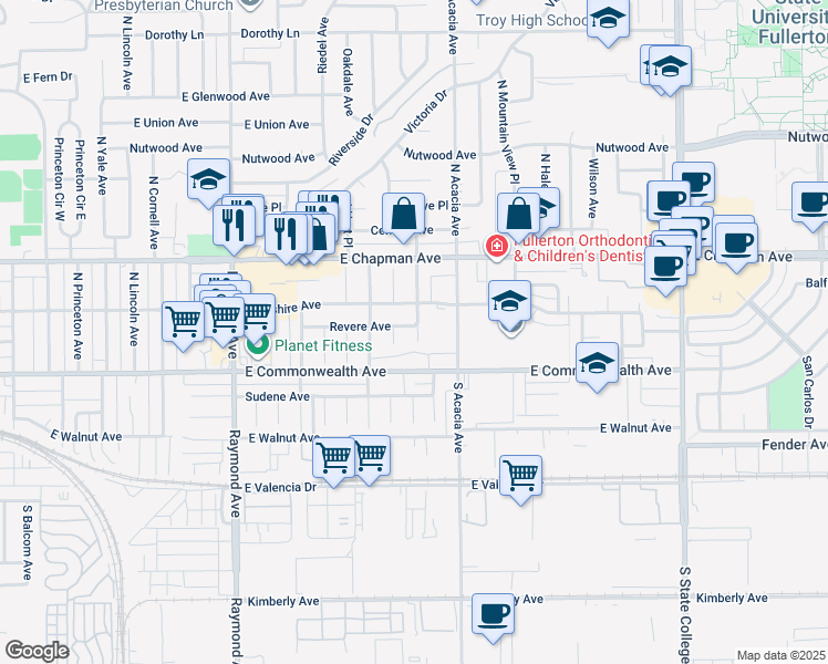 map of restaurants, bars, coffee shops, grocery stores, and more near 217 North Harrington Drive in Fullerton
