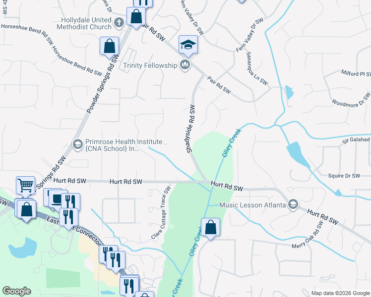 map of restaurants, bars, coffee shops, grocery stores, and more near 3354 Shadyside Road Southwest in Marietta