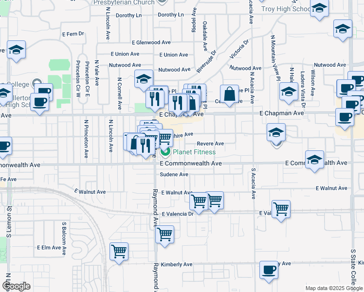 map of restaurants, bars, coffee shops, grocery stores, and more near 131 North Montague Avenue in Fullerton