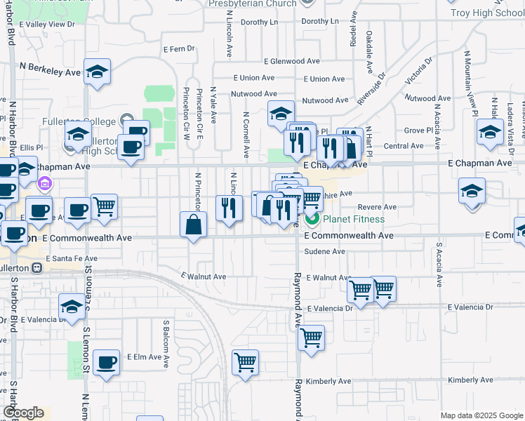 map of restaurants, bars, coffee shops, grocery stores, and more near 128 North Cornell Avenue in Fullerton