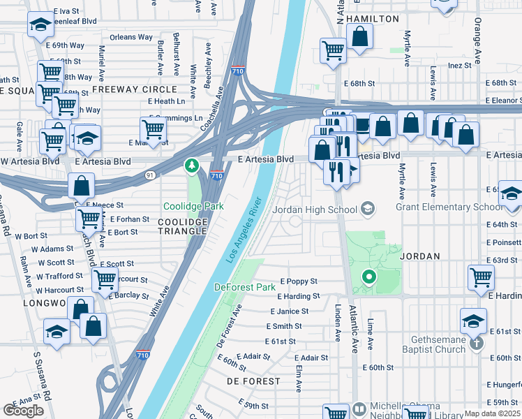 map of restaurants, bars, coffee shops, grocery stores, and more near 6475 Atlantic Avenue in Long Beach