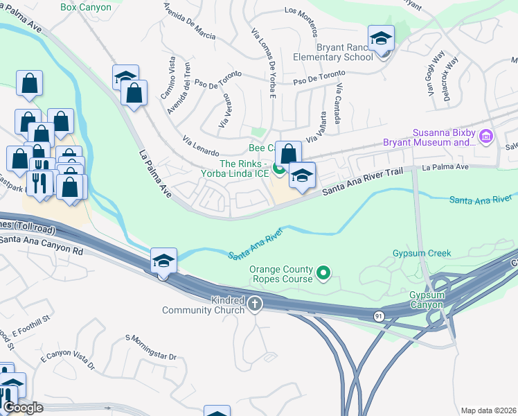map of restaurants, bars, coffee shops, grocery stores, and more near 23562 Cambridge Road in Yorba Linda