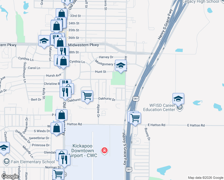 map of restaurants, bars, coffee shops, grocery stores, and more near 1 Shelly Circle in Wichita Falls