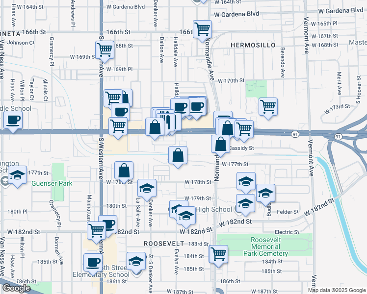 map of restaurants, bars, coffee shops, grocery stores, and more near 1512 West Artesia Square in Gardena